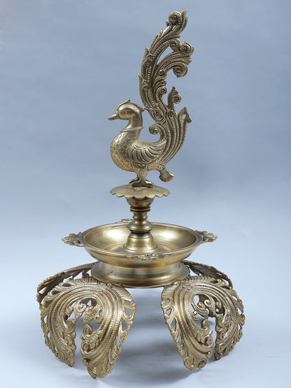 15" Bronze Peacock Designer Oil Lamp (Hoysala Art) | Handmade