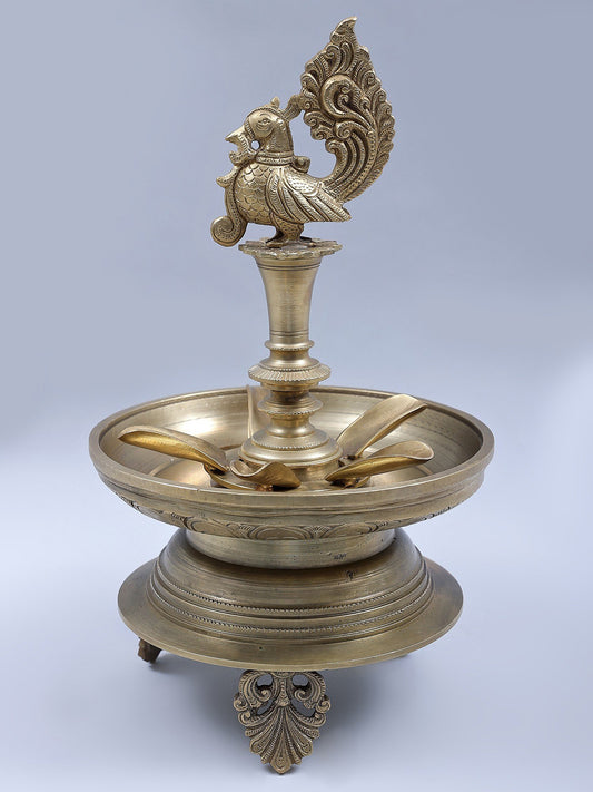 13" Bronze Peacock Designer Oil Lamp (Hoysala Art)