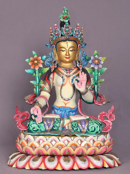 13" Colourful White Tara Copper Statue From Nepal | Handmade Idol | Nepalese Statue