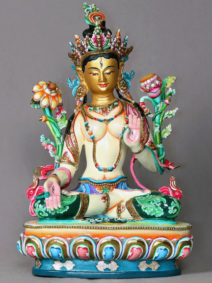 14" White Tara Budhisattva Copper Statue From Nepal | Handmade | Nepalese Statue