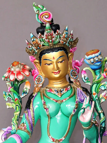 15" Green Tara Budhisattva Copper Statue From Nepal | Handmade Idol | Goddess Copper Statue