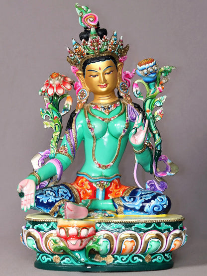 15" Green Tara Budhisattva Copper Statue From Nepal | Handmade Idol | Goddess Copper Statue