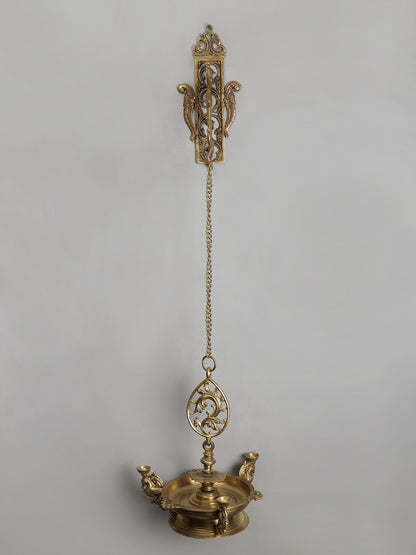 12" Superfine Bronze Hanging Lamp with Four Wicks | Handmade | Hoysala Art | Handmade