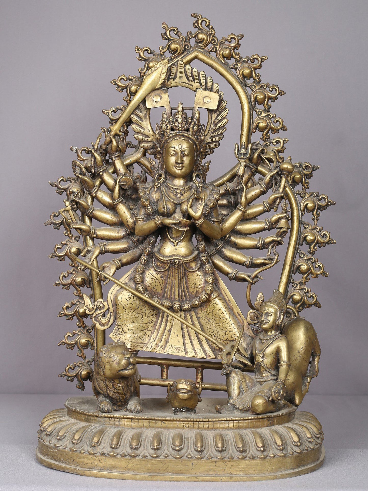 22" Eighteen Armed form Of Goddess Durga Brass Statue From Nepal | Handmade Mother Goddess Figurine