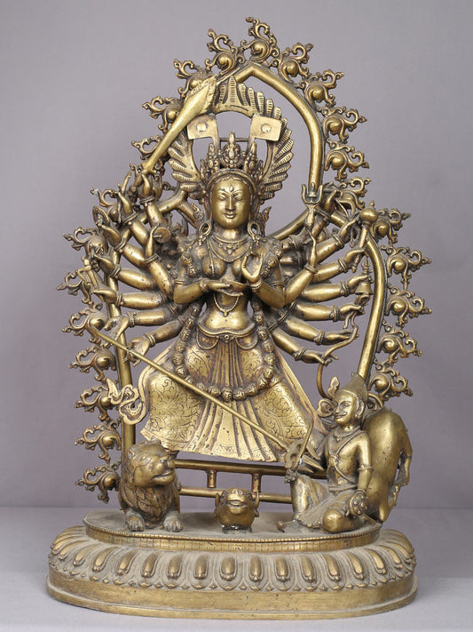 22" Eighteen Armed form Of Goddess Durga Brass Statue From Nepal | Handmade Mother Goddess Figurine