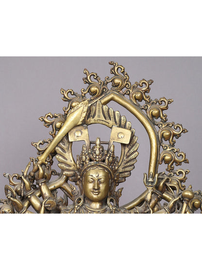 22" Eighteen Armed form Of Goddess Durga Brass Statue From Nepal | Handmade Mother Goddess Figurine