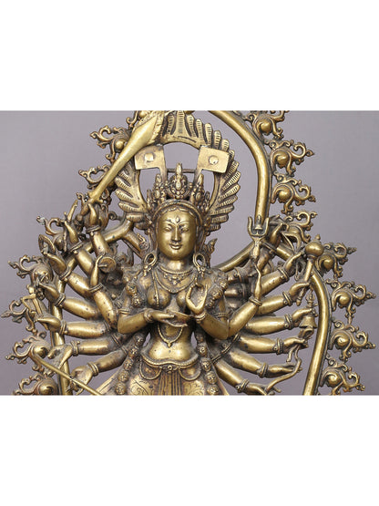 22" Eighteen Armed form Of Goddess Durga Brass Statue From Nepal | Handmade Mother Goddess Figurine