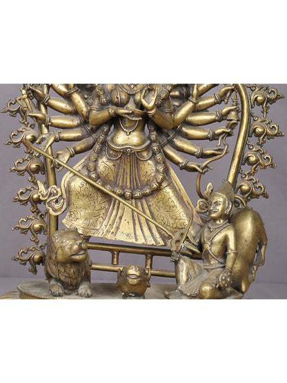 22" Eighteen Armed form Of Goddess Durga Brass Statue From Nepal | Handmade Mother Goddess Figurine