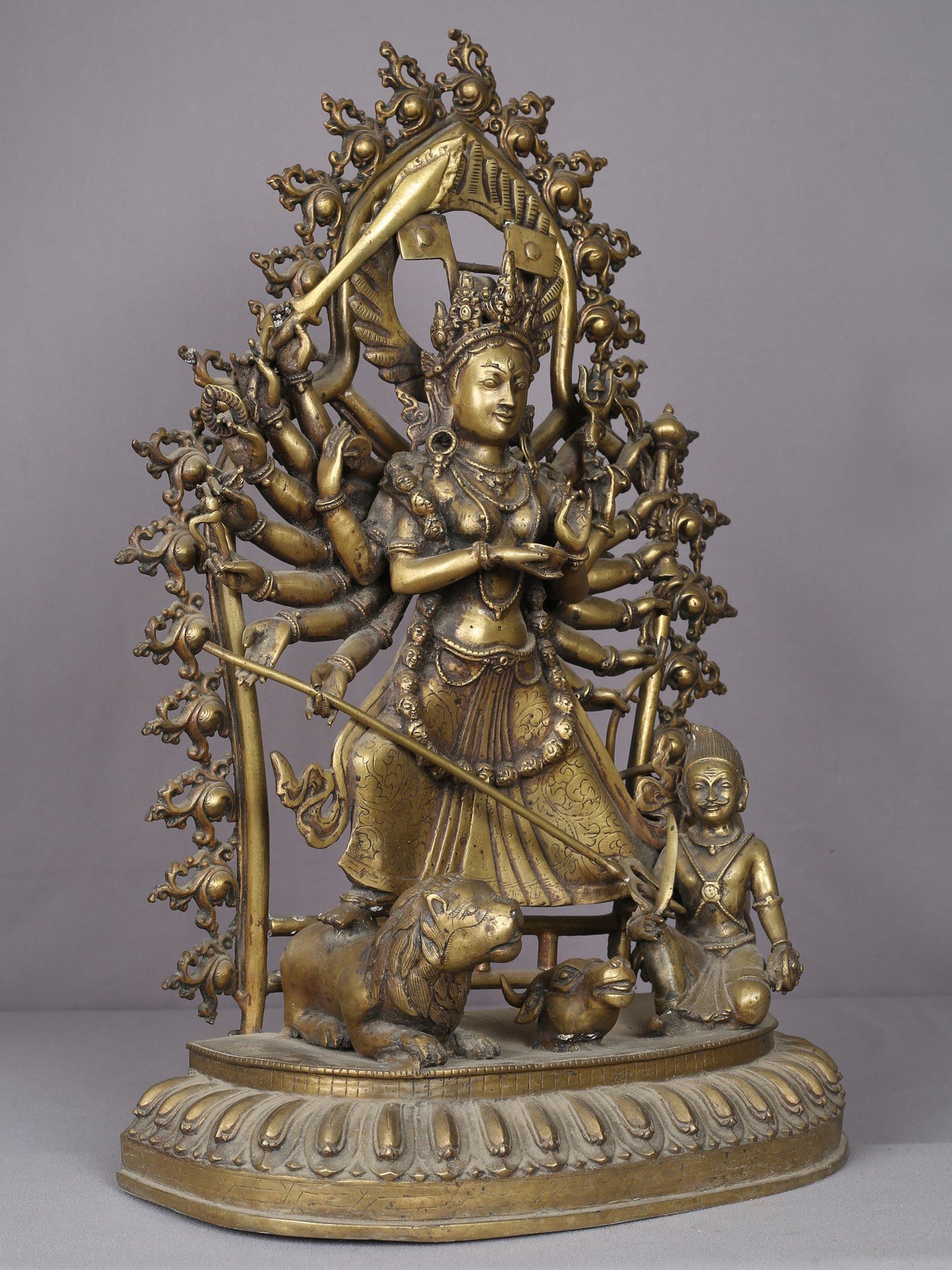 22" Eighteen Armed form Of Goddess Durga Brass Statue From Nepal | Handmade Mother Goddess Figurine