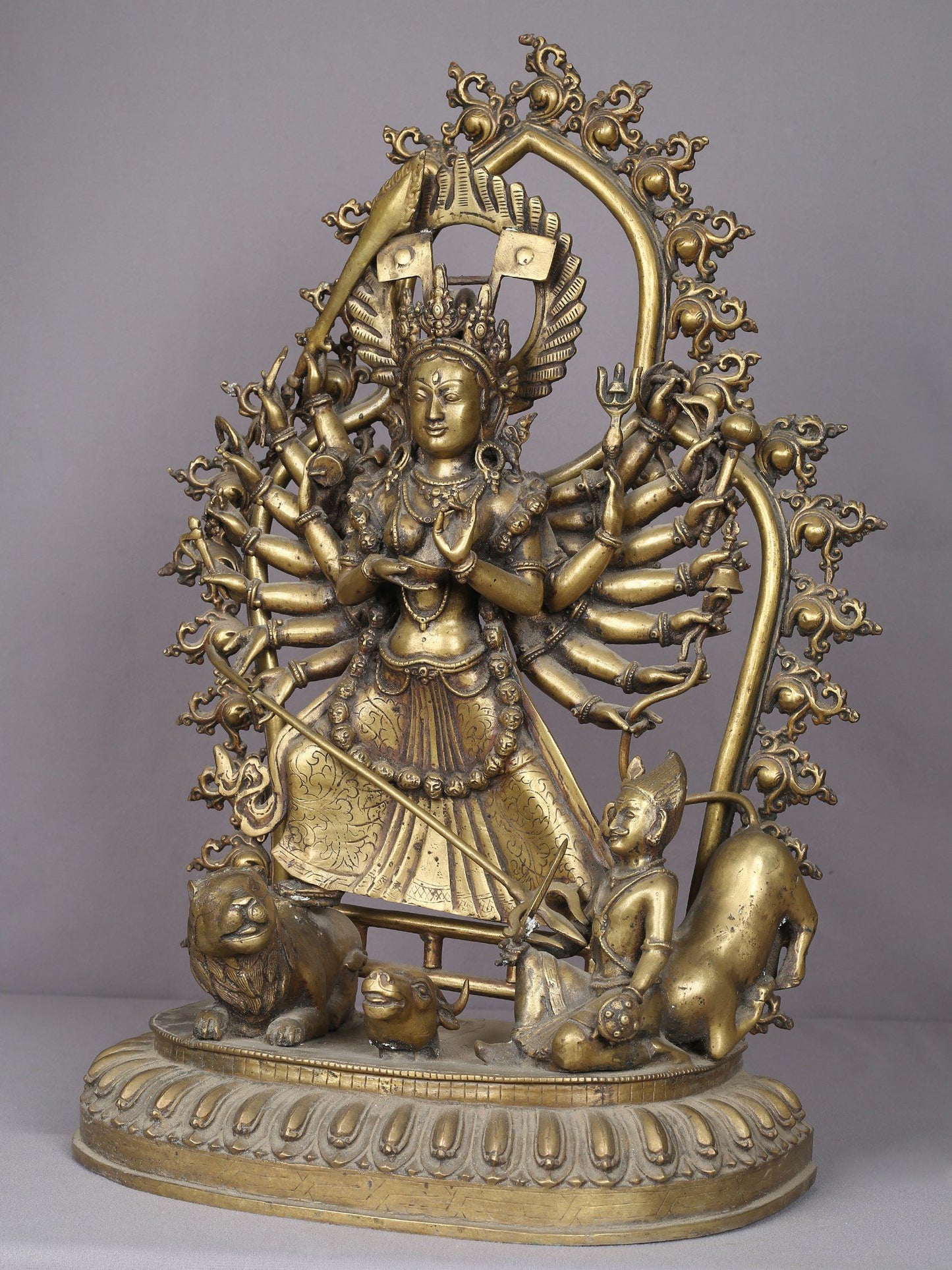 22" Eighteen Armed form Of Goddess Durga Brass Statue From Nepal | Handmade Mother Goddess Figurine