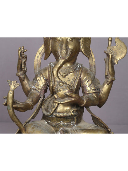 13" Little Ganesha Idol Eating Modak From Nepal | Handmade Idol | Nepalese Brass Statue