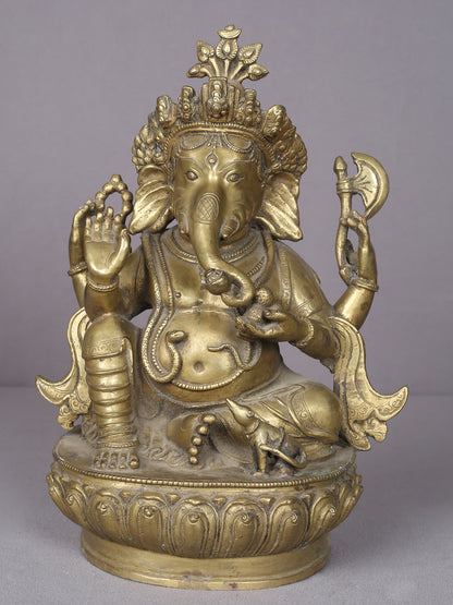 12" Brass Seated Lord Ganesha Statue With Mushak From Nepal | Handmade Idol