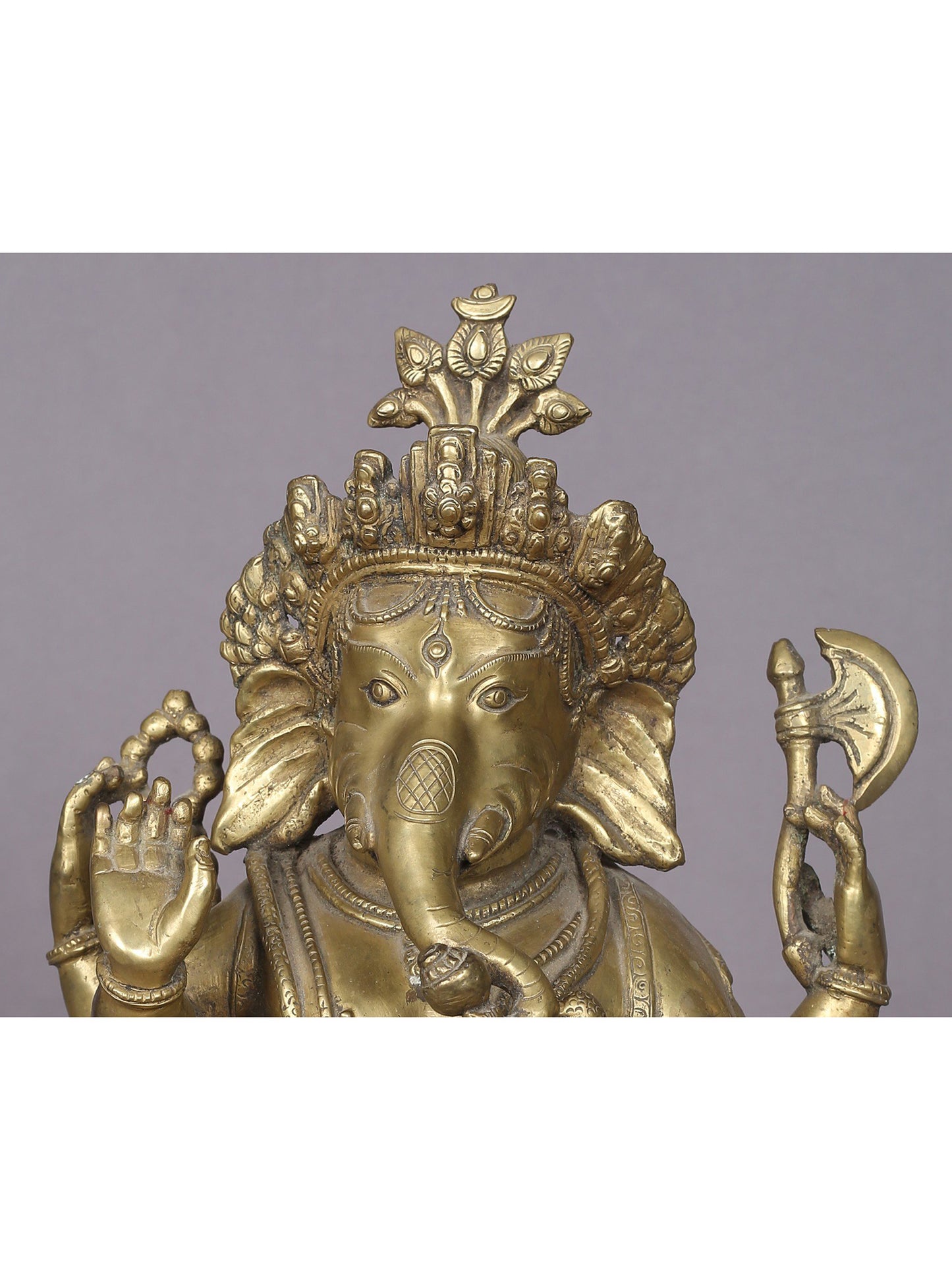 12" Brass Seated Lord Ganesha Statue With Mushak From Nepal | Handmade Idol