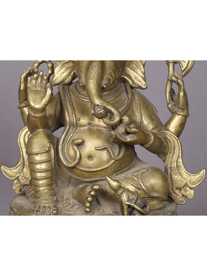 12" Brass Seated Lord Ganesha Statue With Mushak From Nepal | Handmade Idol