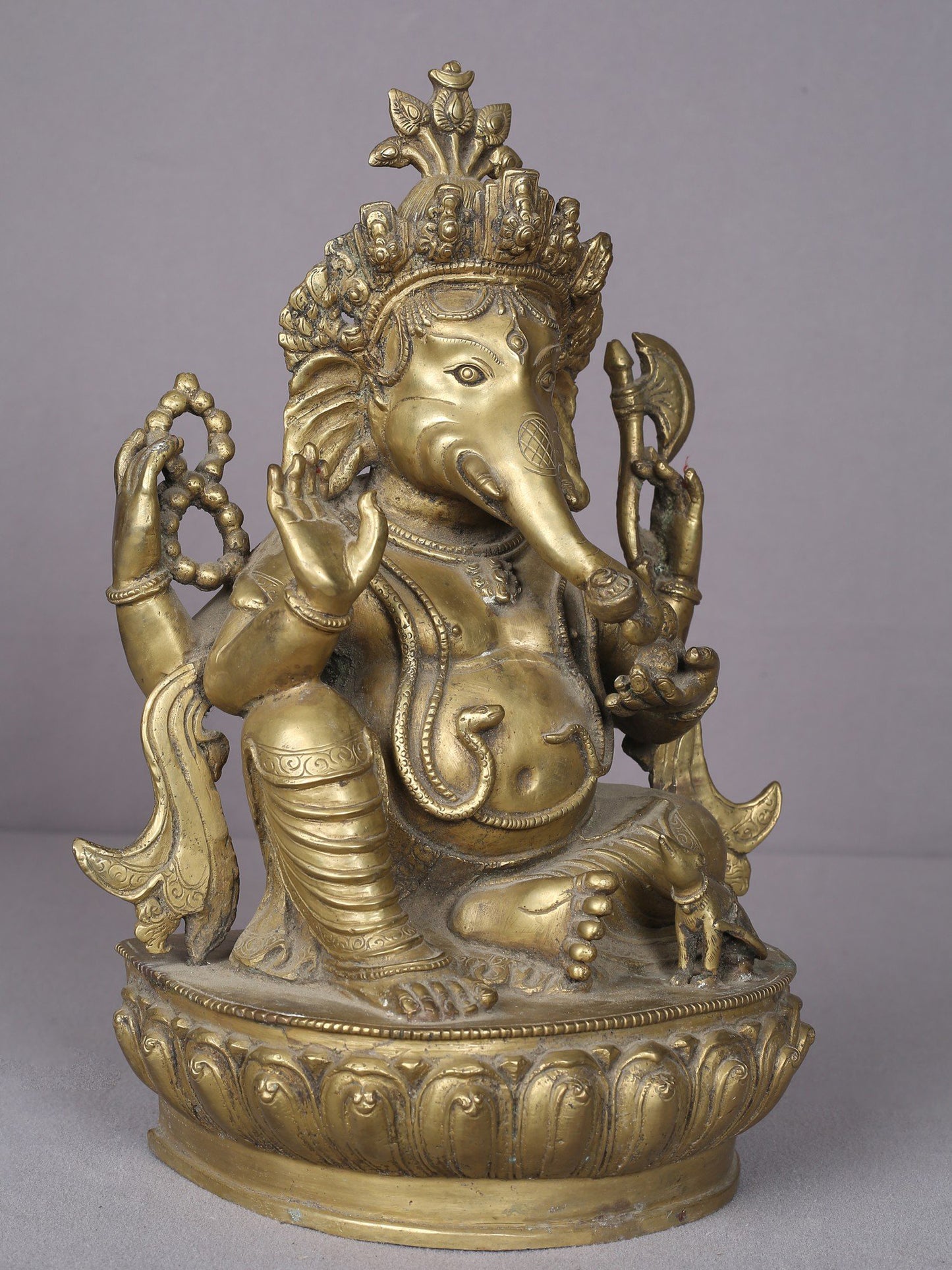 12" Brass Seated Lord Ganesha Statue With Mushak From Nepal | Handmade Idol