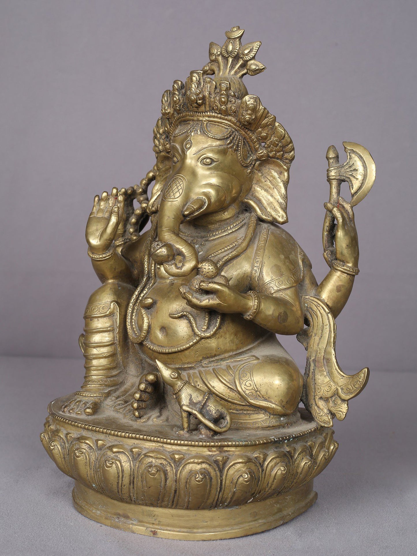 12" Brass Seated Lord Ganesha Statue With Mushak From Nepal | Handmade Idol