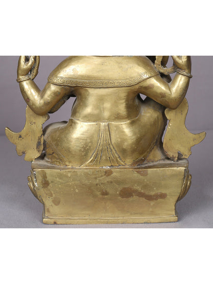 12" Brass Seated Lord Ganesha Statue With Mushak From Nepal | Handmade Idol