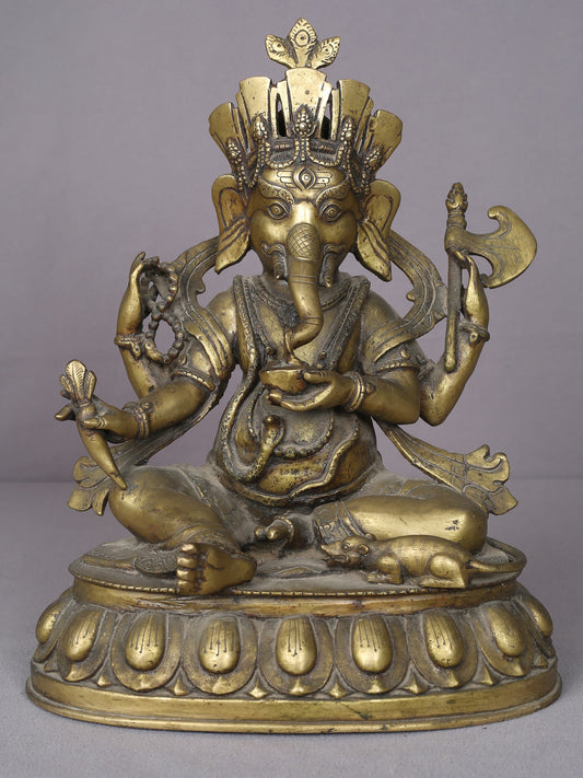 12" Seated Lord Ganesha Idol | Handmade Ganesha Idol | Nepalese Brass Statue