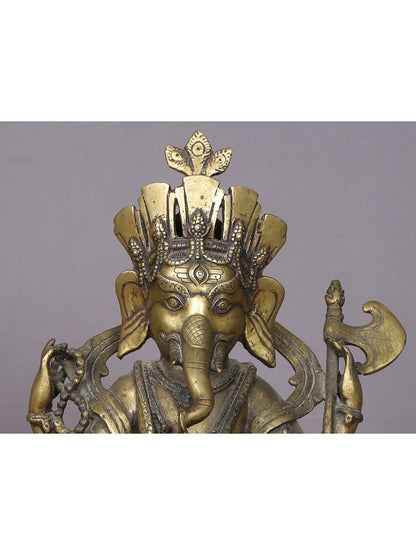 12" Seated Lord Ganesha Idol | Handmade Ganesha Idol | Nepalese Brass Statue