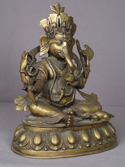 12" Seated Lord Ganesha Idol | Handmade Ganesha Idol | Nepalese Brass Statue