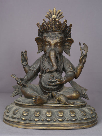 14" Seated Lord Ganesha Brass Statue From Nepal | Handmade Ganesha Idol