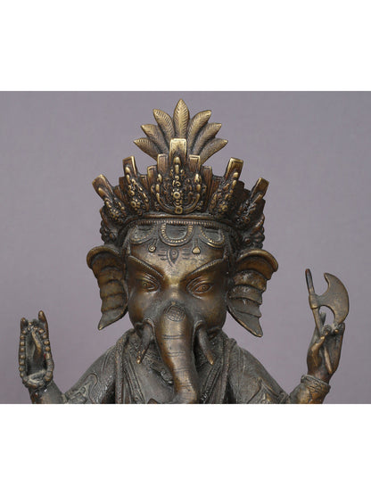 14" Seated Lord Ganesha Brass Statue From Nepal | Handmade Ganesha Idol