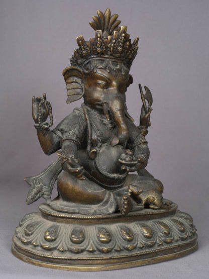 14" Seated Lord Ganesha Brass Statue From Nepal | Handmade Ganesha Idol