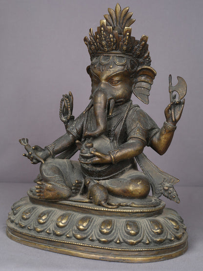 14" Seated Lord Ganesha Brass Statue From Nepal | Handmade Ganesha Idol