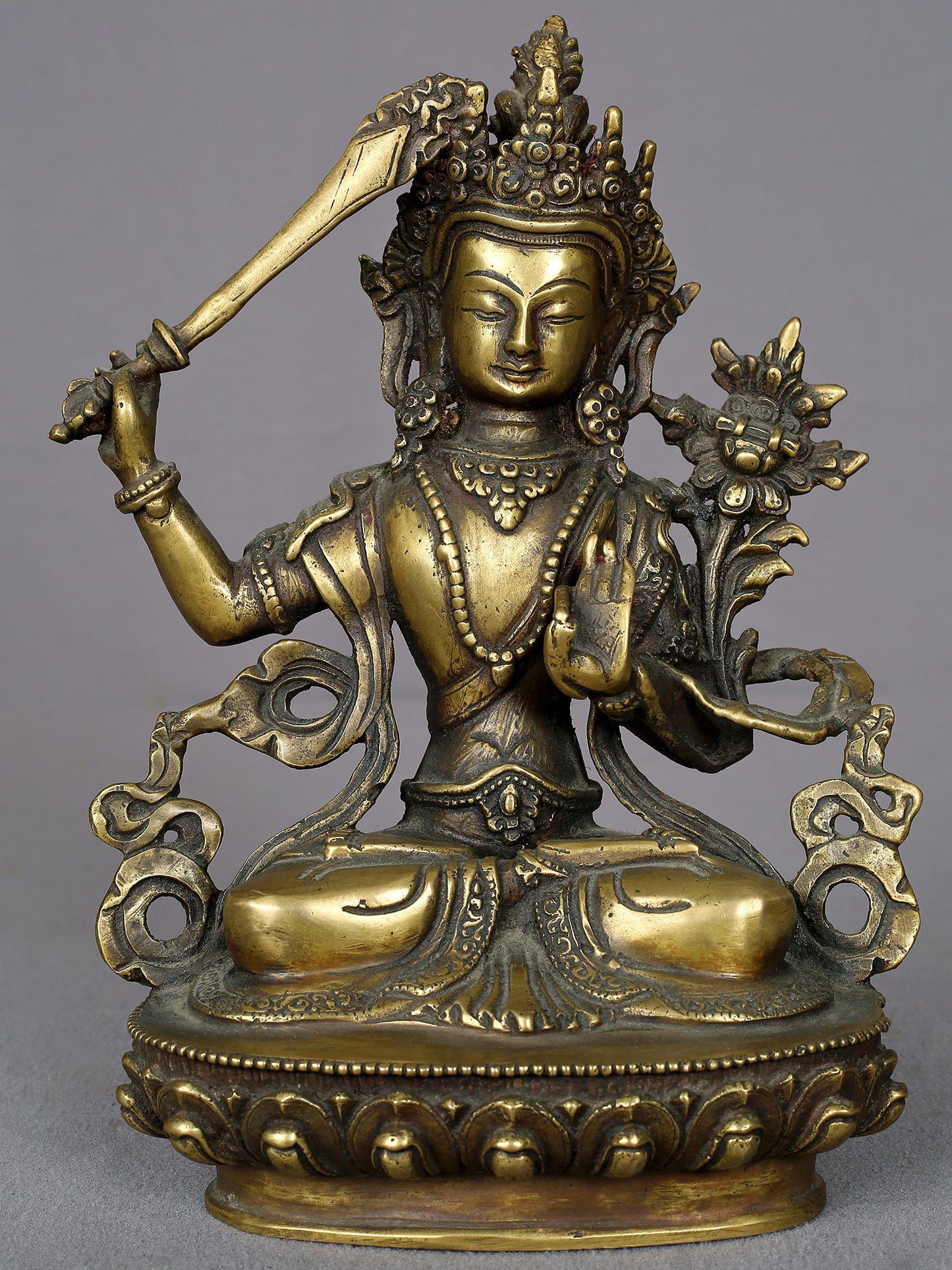 8" Brass Buddhist Deity Manjushri Statue From Nepal | Handmade | Buddhist Statue