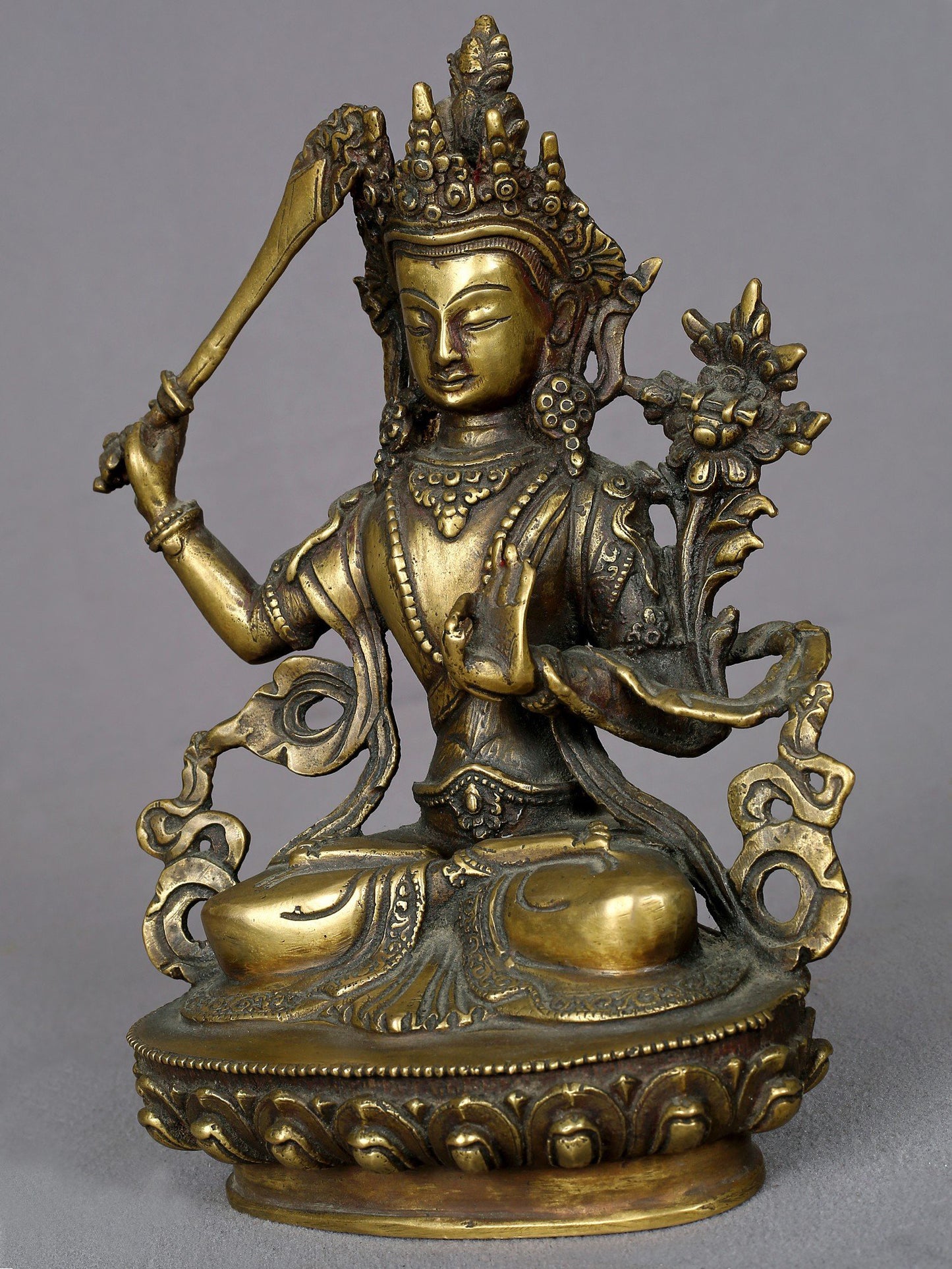 8" Brass Buddhist Deity Manjushri Statue From Nepal | Handmade | Buddhist Statue