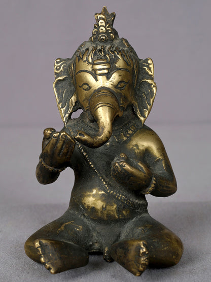 5" Brass Baby Ganesha Statue From Nepal | Handmade Idol | Baby Ganesha Figurine