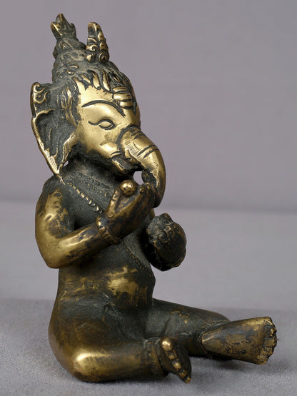 5" Brass Baby Ganesha Statue From Nepal | Handmade Idol | Baby Ganesha Figurine