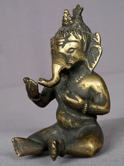 5" Brass Baby Ganesha Statue From Nepal | Handmade Idol | Baby Ganesha Figurine