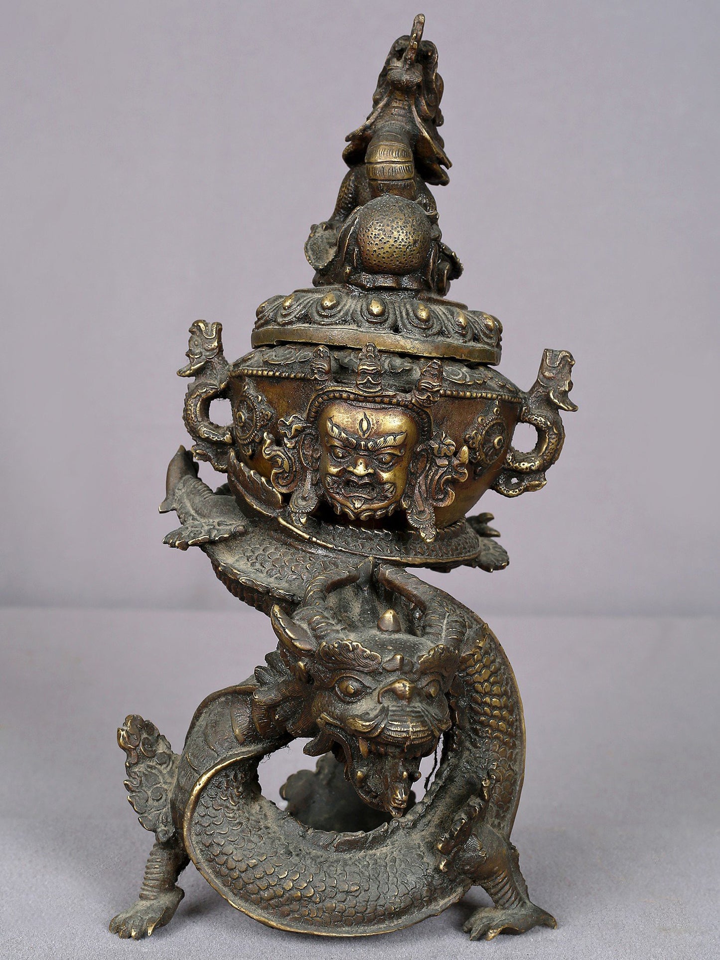 12" Brass Dragon Incense Burner From Nepal | Handmade | Pooja & Ritual Item