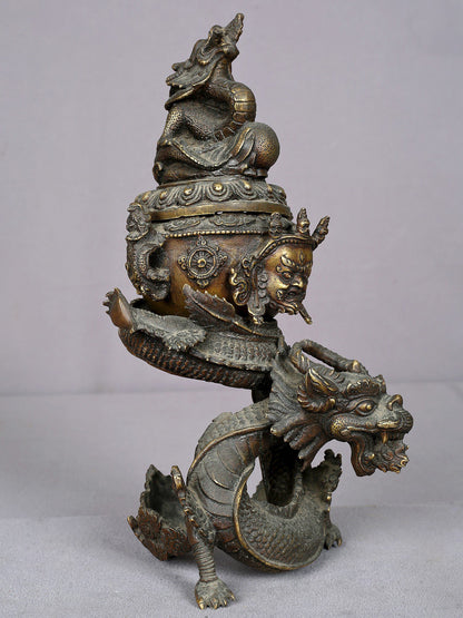 12" Brass Dragon Incense Burner From Nepal | Handmade | Pooja & Ritual Item