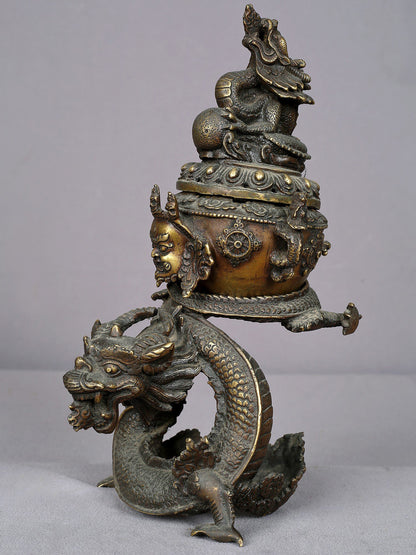 12" Brass Dragon Incense Burner From Nepal | Handmade | Pooja & Ritual Item