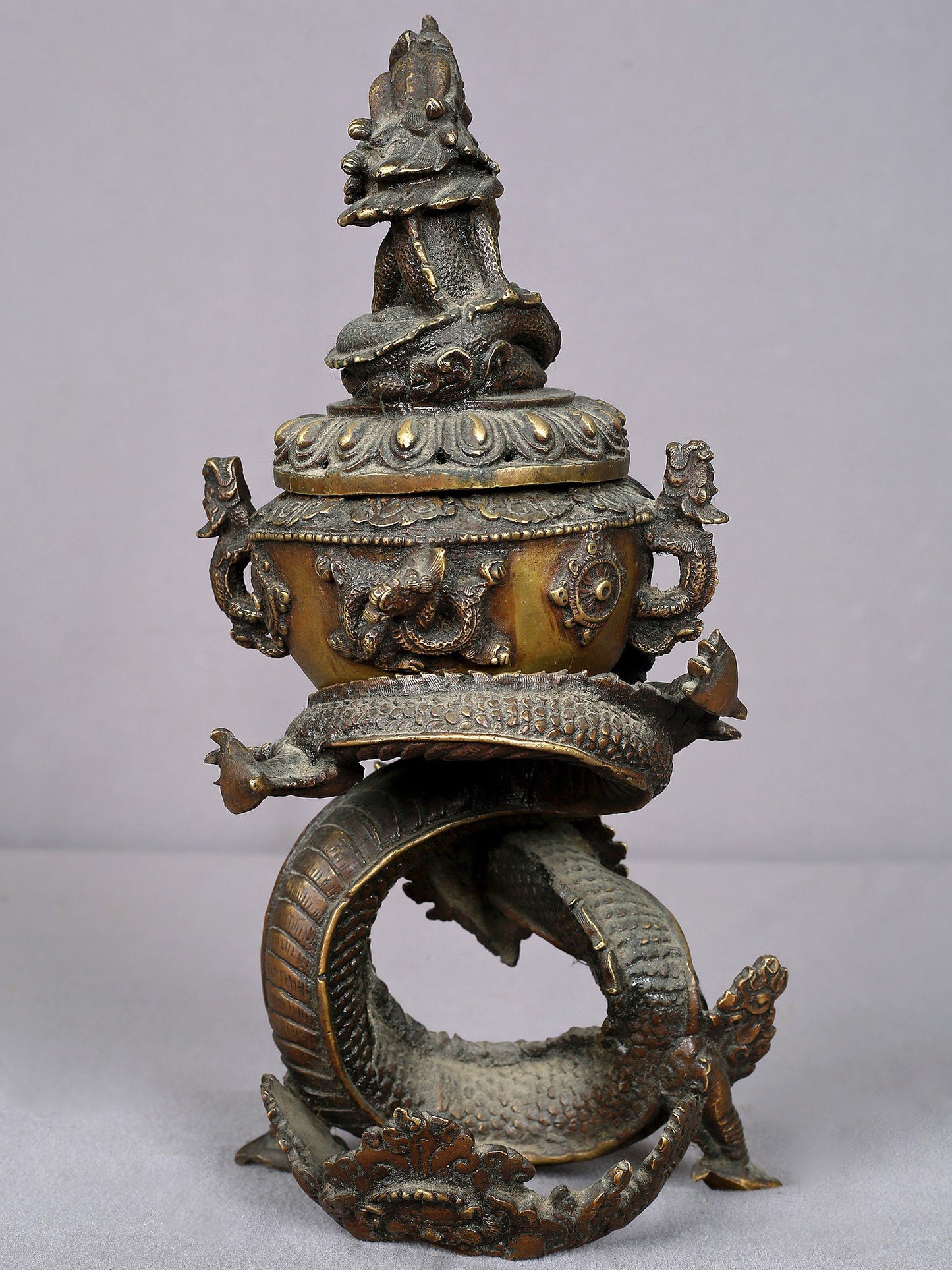 12" Brass Dragon Incense Burner From Nepal | Handmade | Pooja & Ritual Item