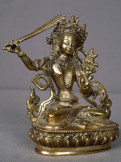 6" Small Manjushri Brass Statue From Nepal | Handmade Statue | Tibetan Buddhist Deity Idol