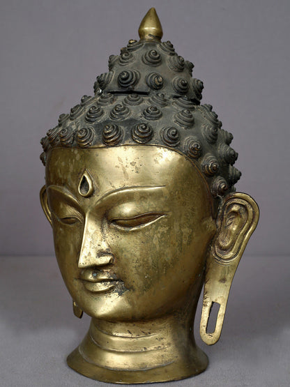 12" Brass Buddha Head Statue From Nepal | Handmade Idol | Lord Buddha Statue