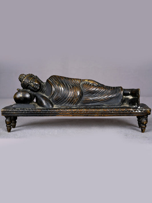 10" Brass Lord Sleeping Buddha Sculpture | Handmade Idol | Buddhist Brass Statue