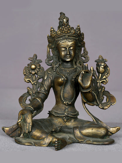 5" Small Bronze Goddess Green Tara Statue From Nepal | Handmade Idol | Goddess Figurine