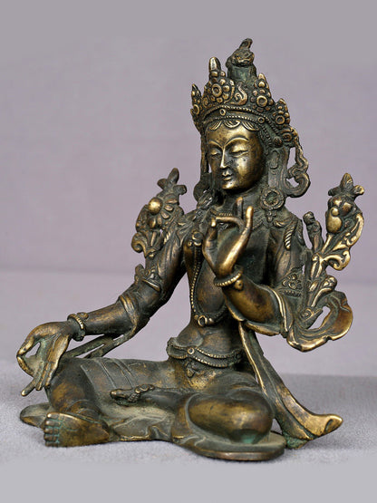 5" Small Bronze Goddess Green Tara Statue From Nepal | Handmade Idol | Goddess Figurine