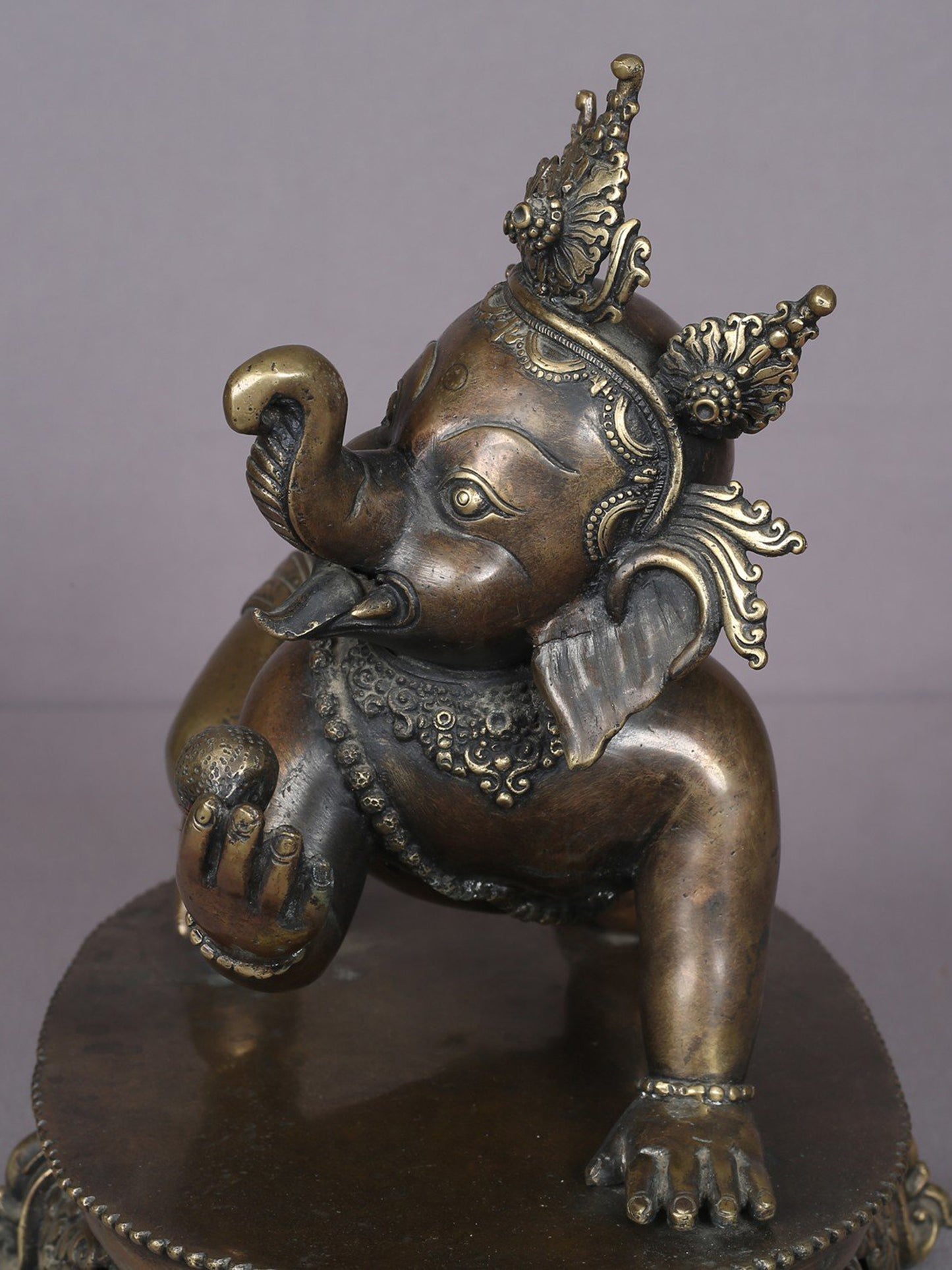 12" Bal Ganesha Eating Modak Brass Statue From Nepal | Handmade Idol | Ganesha Figurine