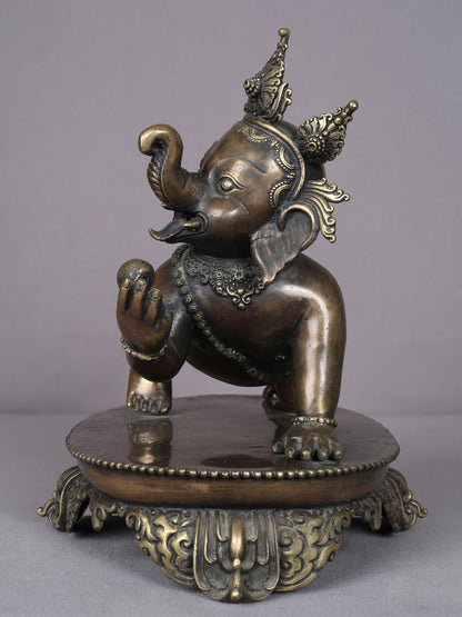 12" Bal Ganesha Eating Modak Brass Statue From Nepal | Handmade Idol | Ganesha Figurine