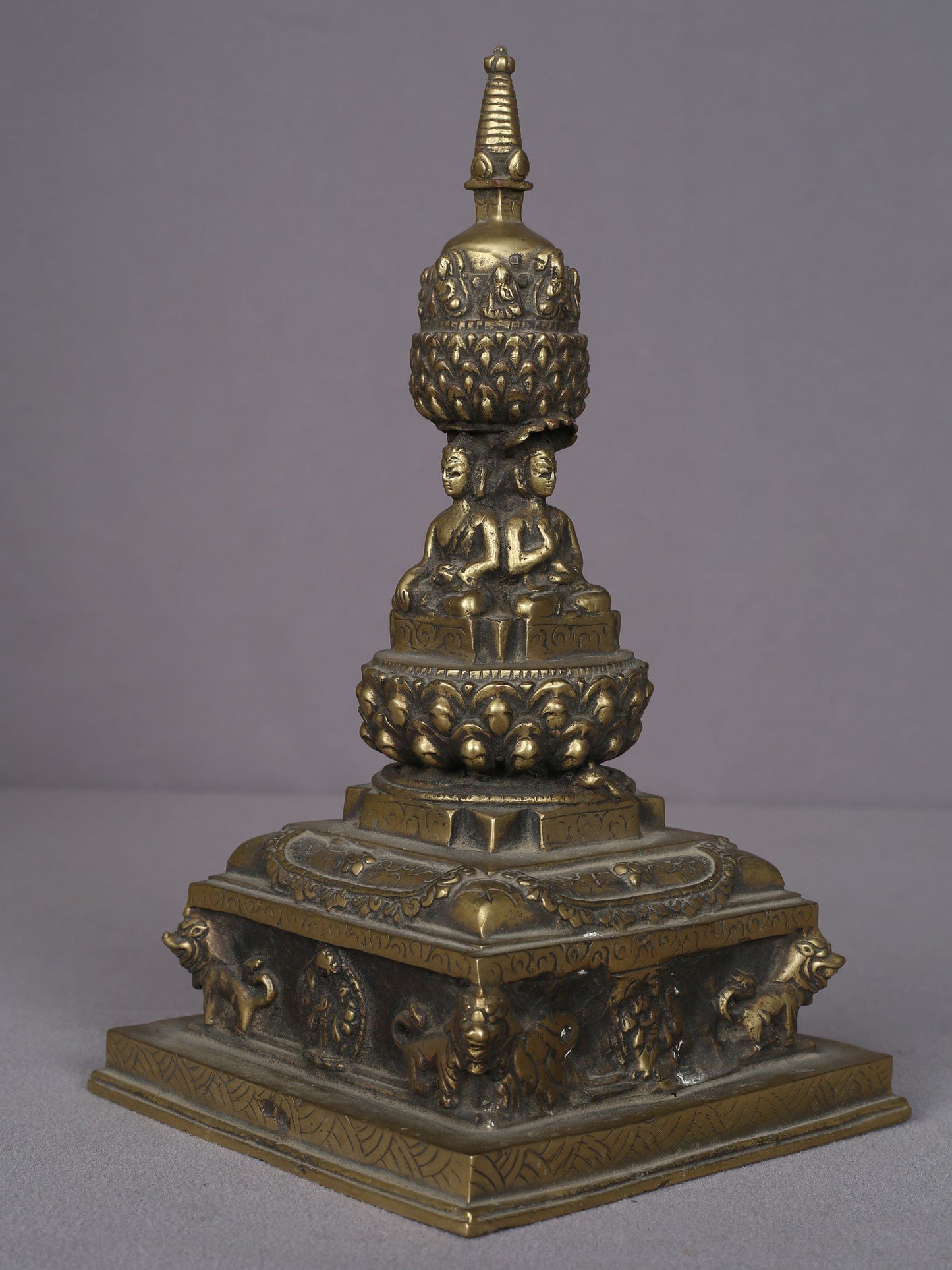 9" Brass Tibetan Buddhist Stupa From Nepal | Handmade | Ritual Brass Stupa Figurine