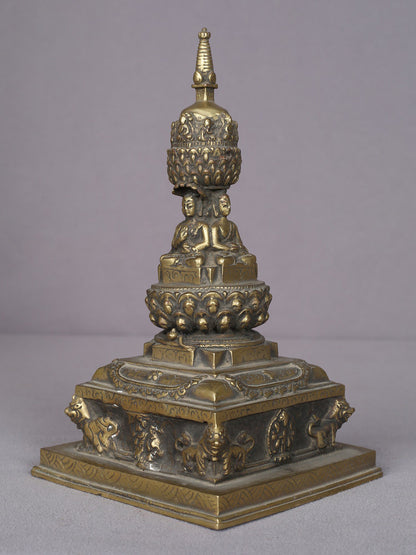 9" Brass Tibetan Buddhist Stupa From Nepal | Handmade | Ritual Brass Stupa Figurine