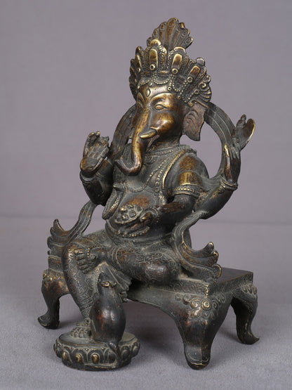 9" Sitting Ganesha Brass Figurine From Nepal | Handmade Idol | Lord Ganesha Brass Statue