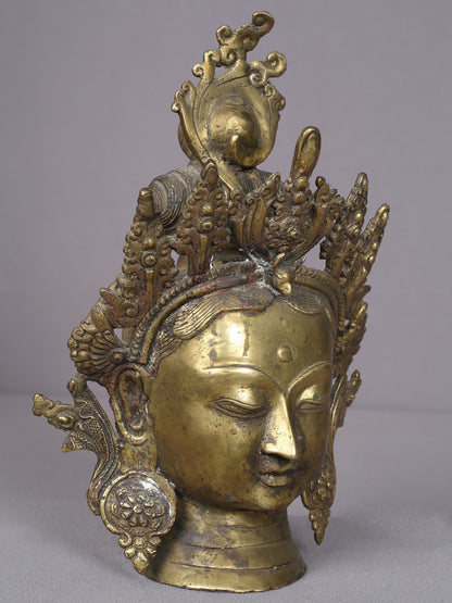 10" Green Tara Brass Idol Head With Crown | Handmade Idol | Buddhist Statue