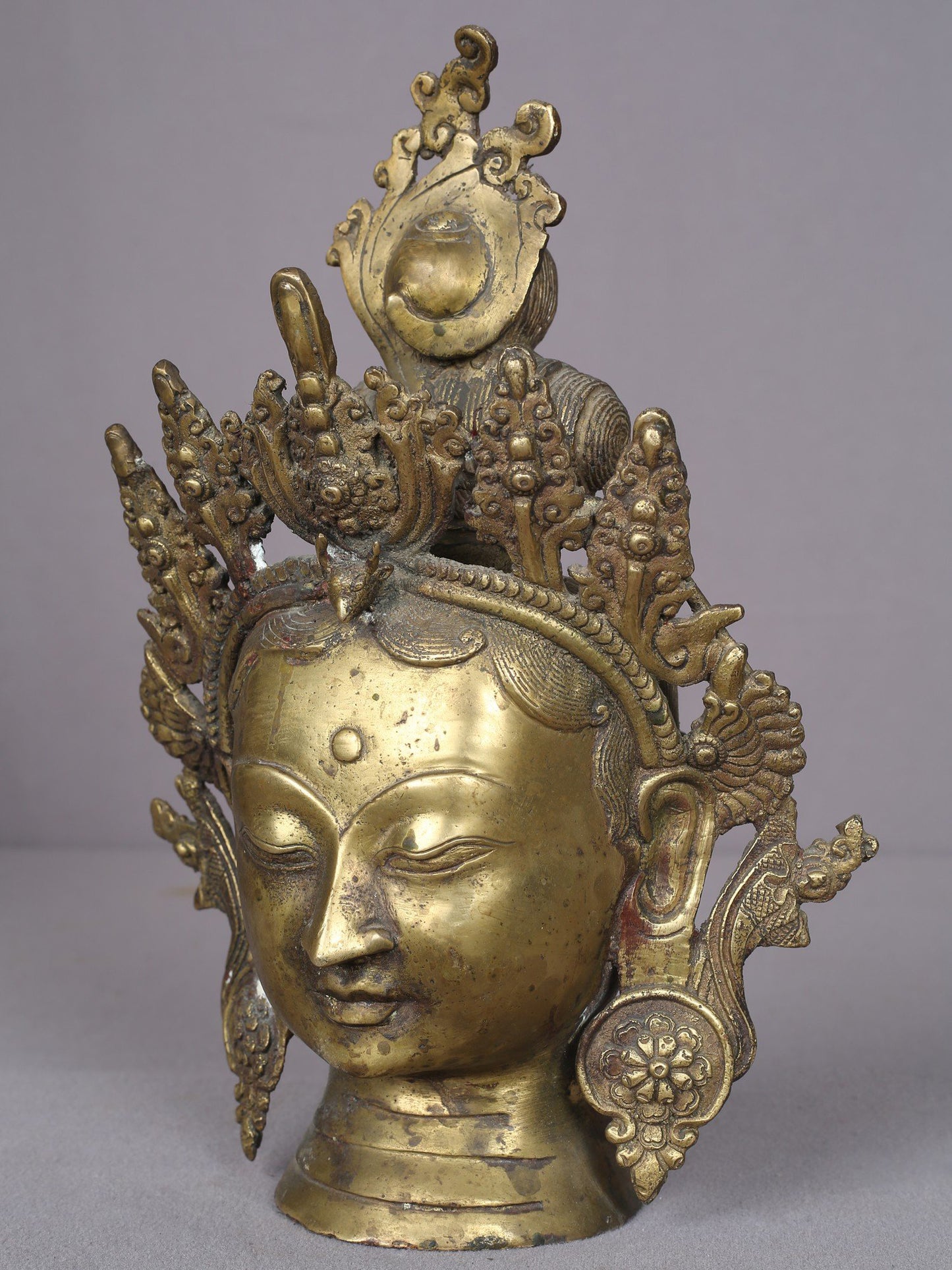 10" Green Tara Brass Idol Head With Crown | Handmade Idol | Buddhist Statue