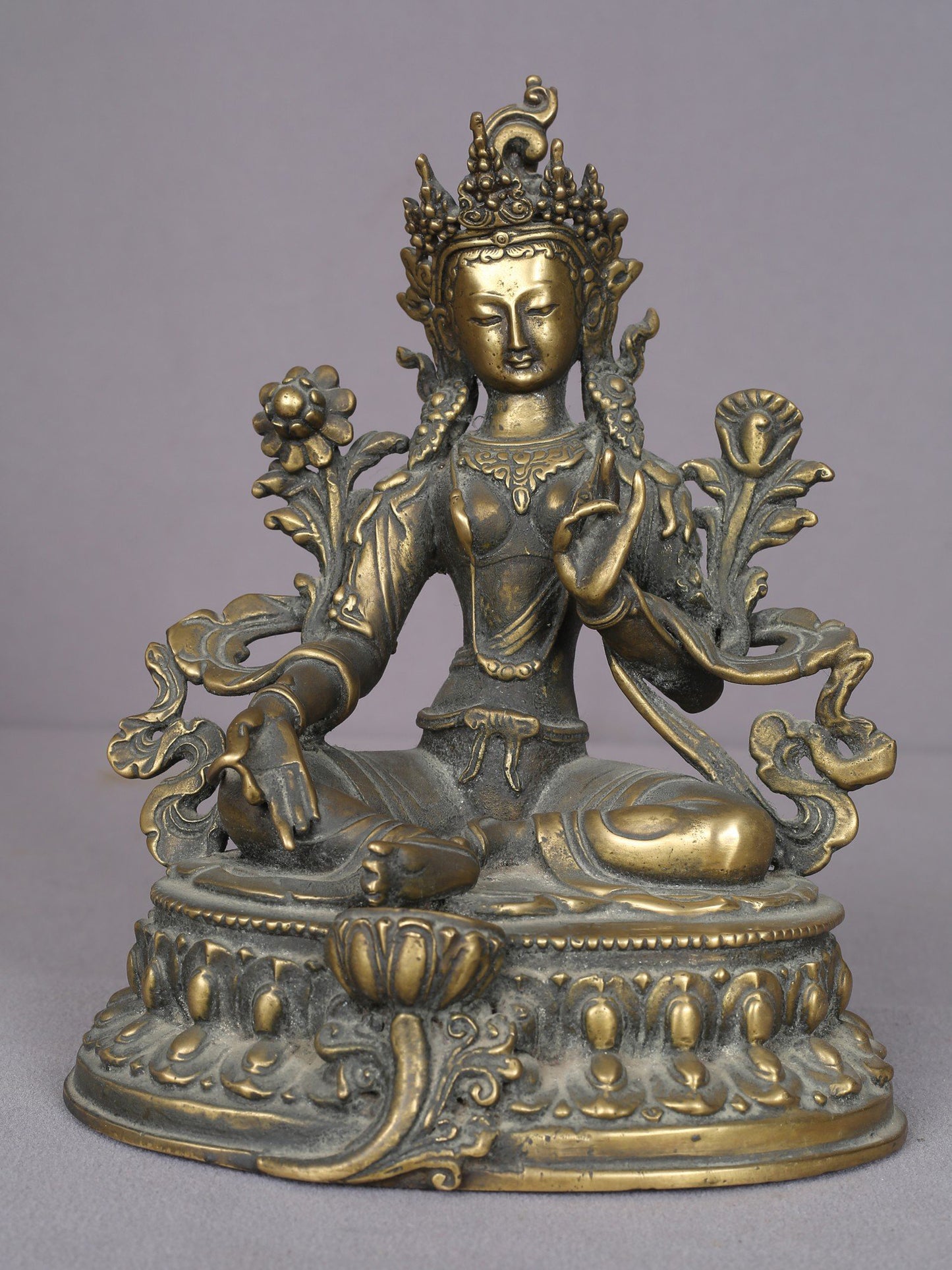 9" Green Tara Brass Statue On Lotus Throne | Handmade Idol | Goddess Green Tara Figurine